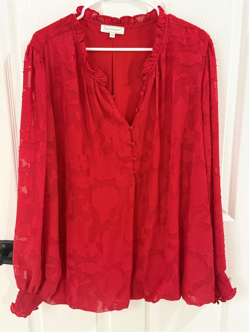 Blousology 3X Red Floral Jacquard Ruffle Hem V-Neck Blouse Plus Size